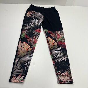 Dona Jo Black Tropical Leaf Print Leggings‎ Women SZ 1 Small Athletic Athleisure